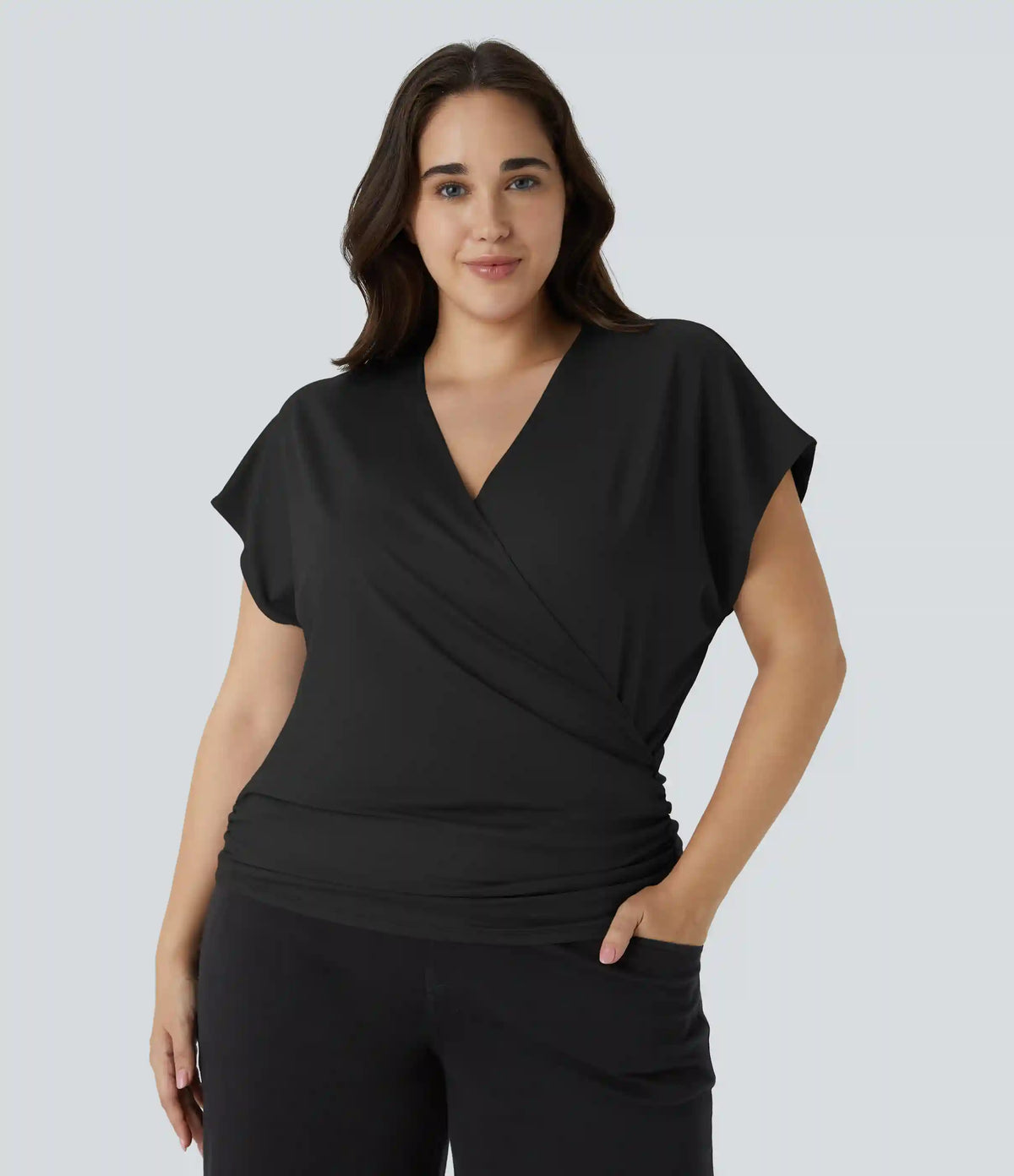 V Neck Cap Sleeve Crossover Ruched Solid Work Plus Size Blouse