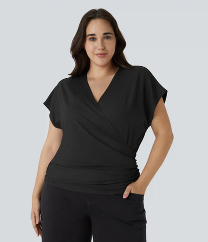 V Neck Cap Sleeve Crossover Ruched Solid Work Plus Size Blouse