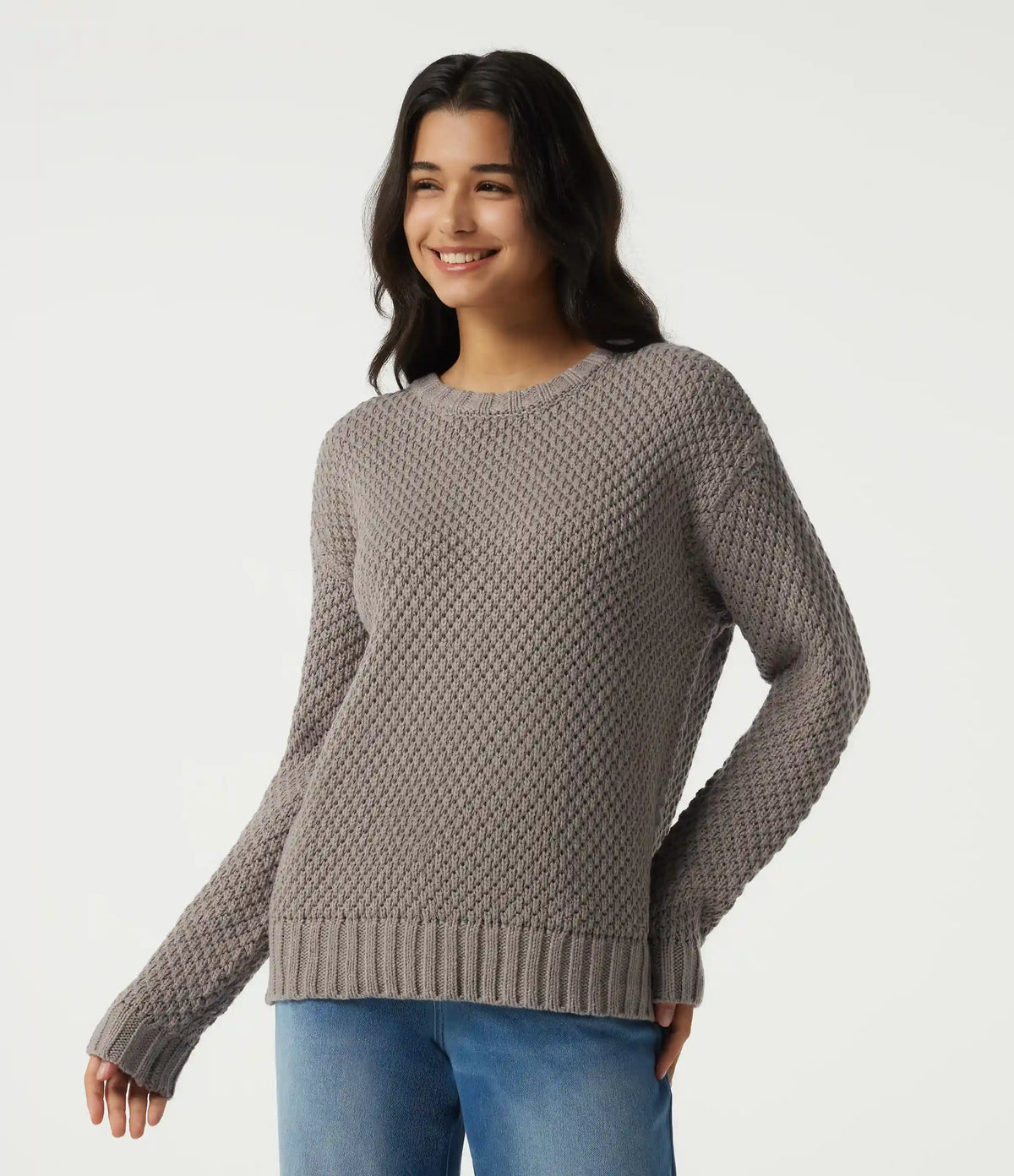 Round Neck Dropped Shoulder Long Sleeve Work Sweater