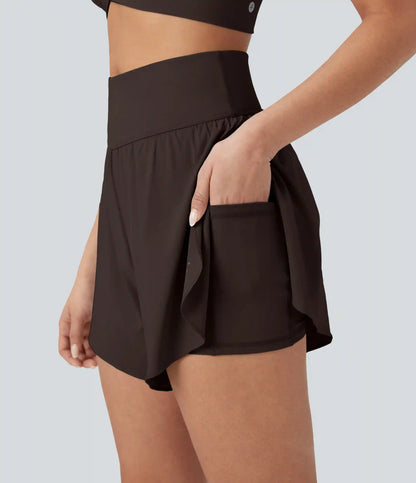 SoftlyZero™ QuickDry High Waisted Tummy Control Reflective Dots Crossover Hem 2-in-1 Running Shorts 5'' with Pockets