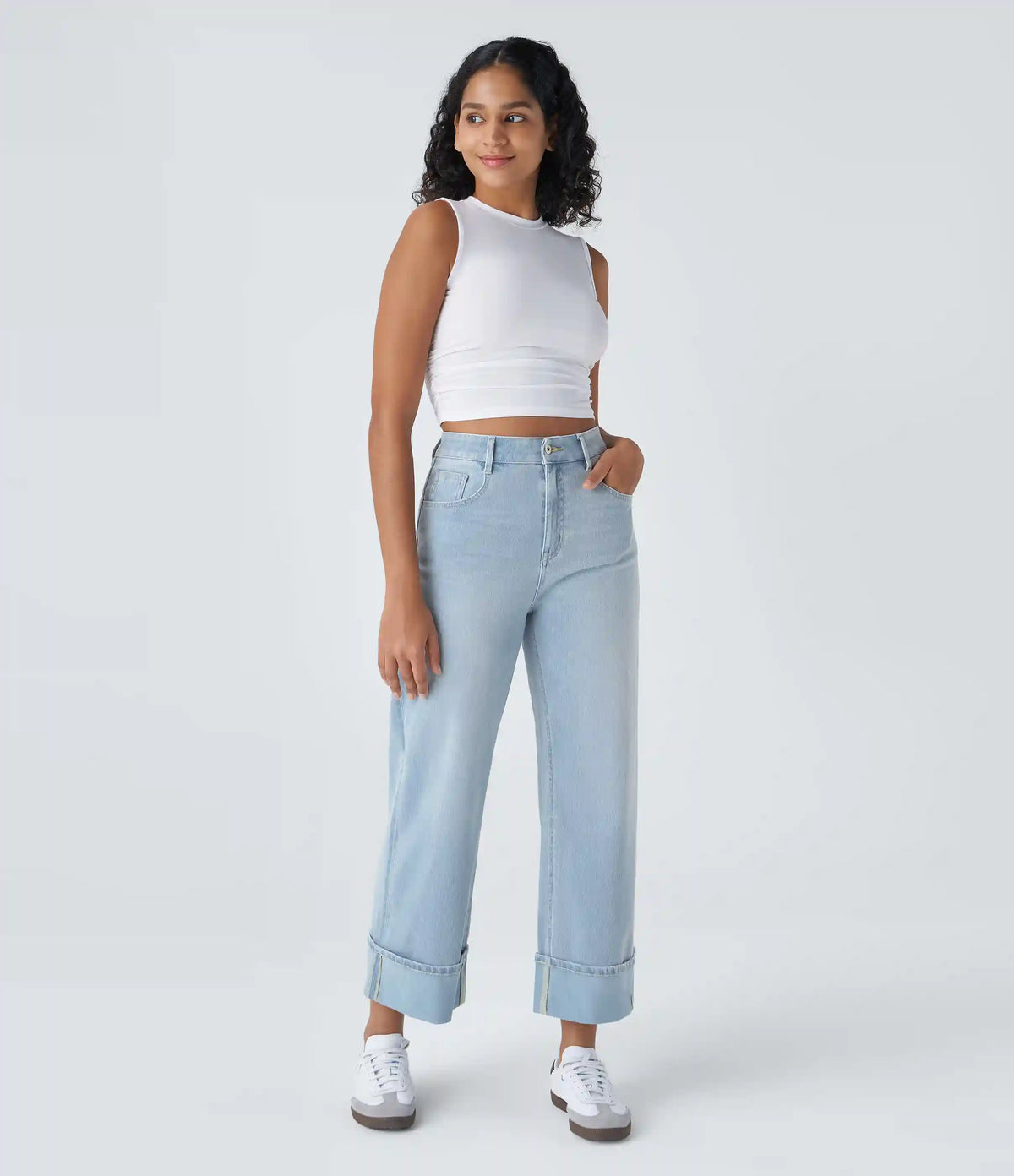 Halara Flex™ High Waisted Pockets Rolled Hem Wide Leg Washed Casual Jeans