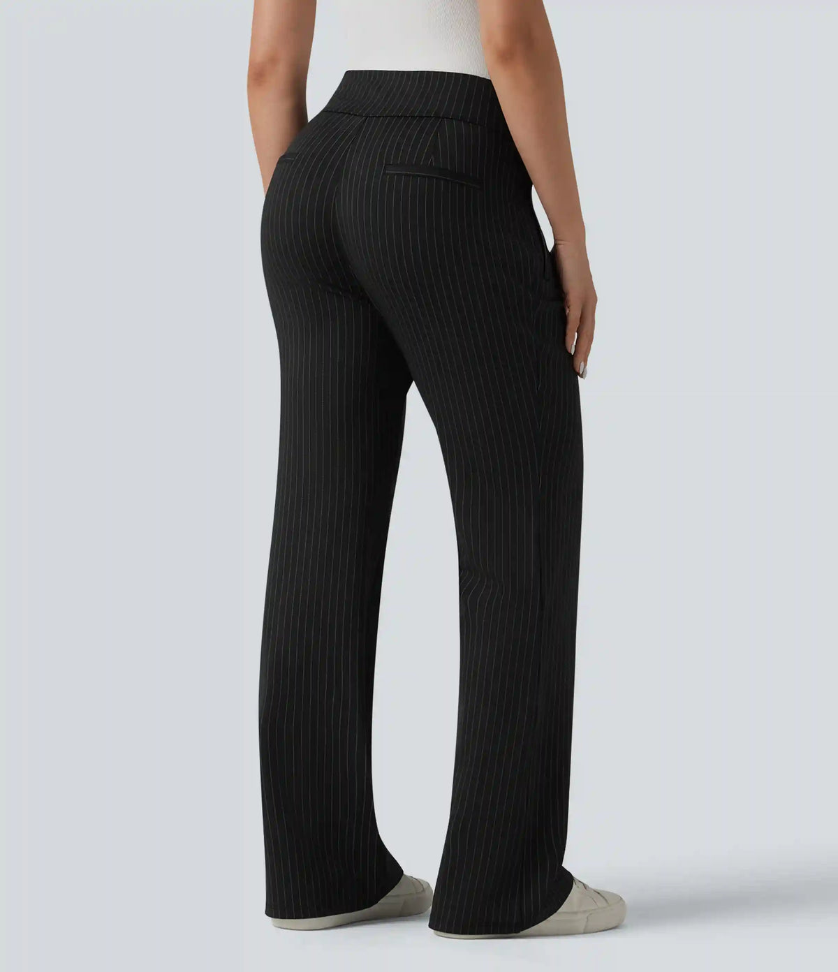 Mid Rise Stripe Work Flare Pants with Pockets