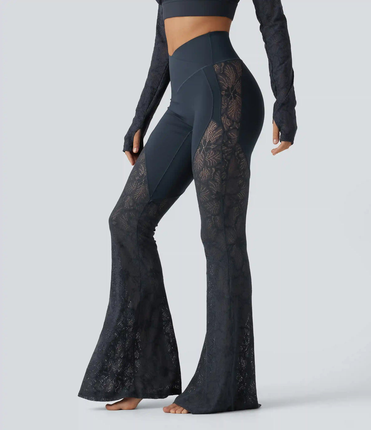 Halara UltraSculpt™ High Waisted Crossover Tummy Control Contrast Lace Yoga Flare Leggings with Pockets