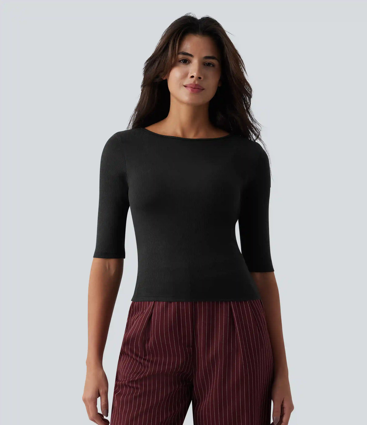 Ribbed Knit Scoop Neck Half Sleeve Work Wool-Blend Top