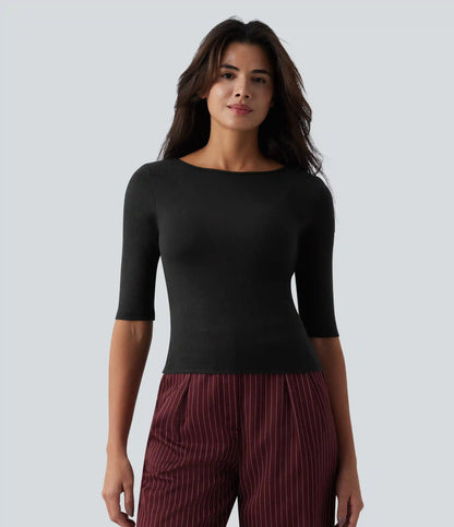 Ribbed Knit Scoop Neck Half Sleeve Work Wool-Blend Top