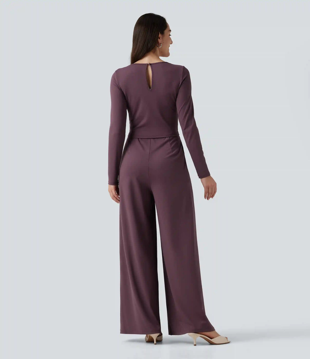 Round Neck Long Sleeve Wide Leg Casual Jumpsuit with Pockets-Easy Peezy Edition
