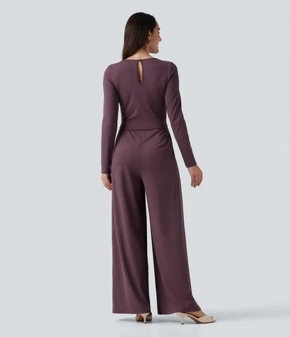 Round Neck Long Sleeve Wide Leg Casual Jumpsuit with Pockets-Easy Peezy Edition