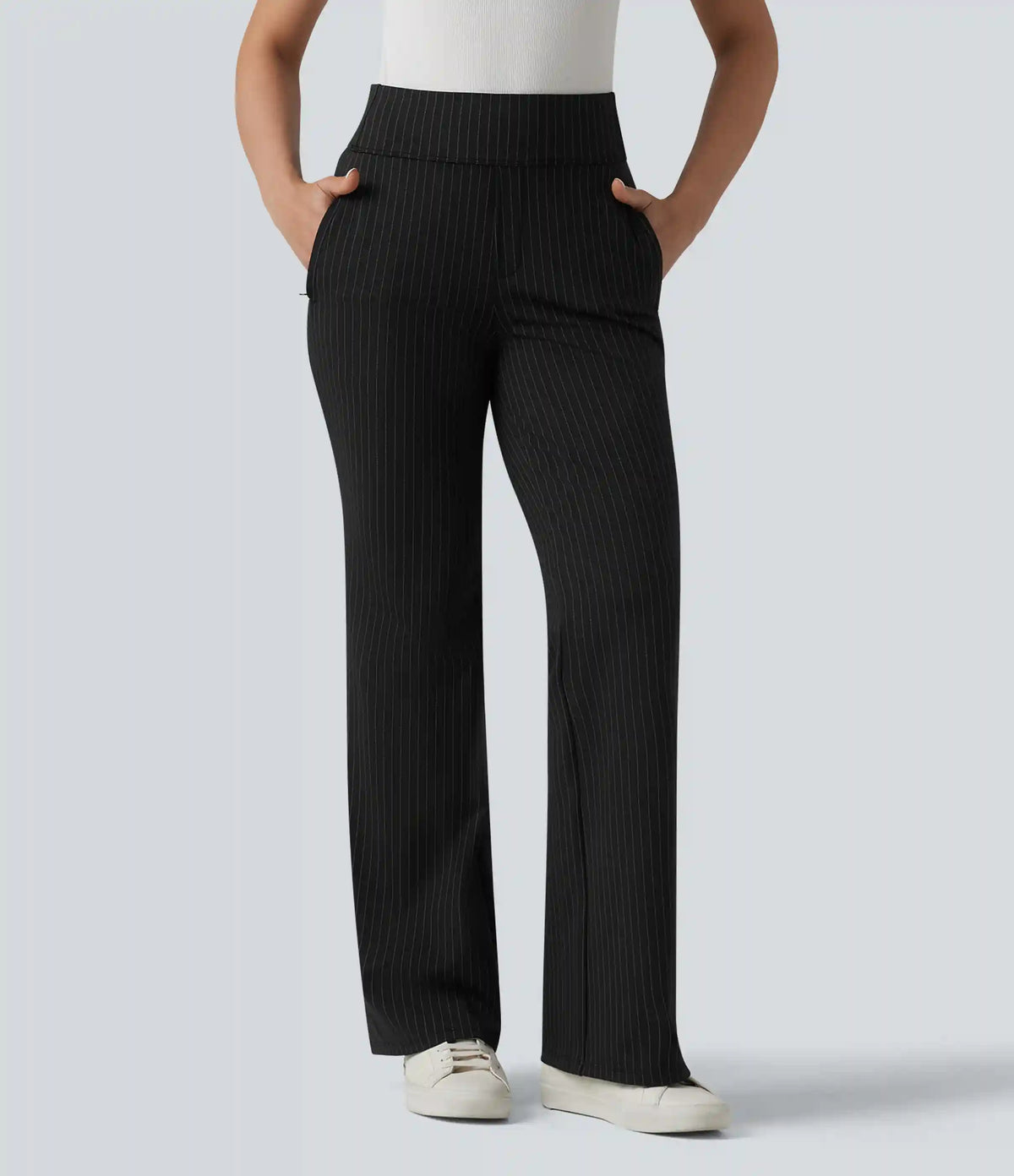 Mid Rise Stripe Work Flare Pants with Pockets