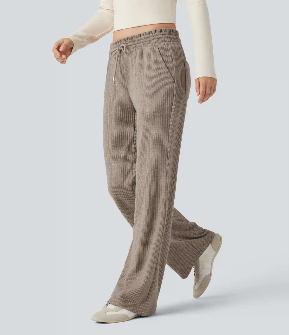 Ribbed Knit Low Rise Drawstring Casual Bootcut Pants with Pockets