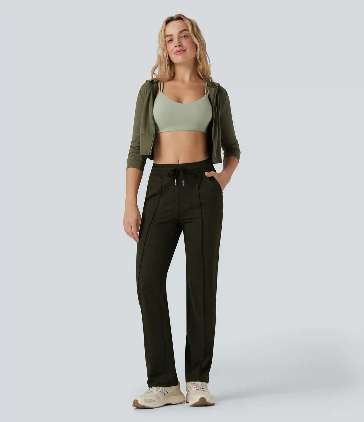 Mid Rise Drawstring Straight Leg Workout Pants with Pockets
