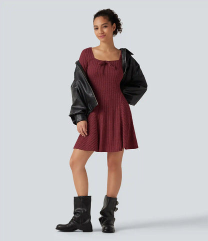 Ribbed Knit Square Neck Flounce Long Sleeve Decorative Knot Flare Mini Casual Dress