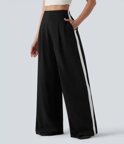 Wrinkle Recovery High Waisted Baggy Color Block Casual Linen-Feel Pants with Pockets