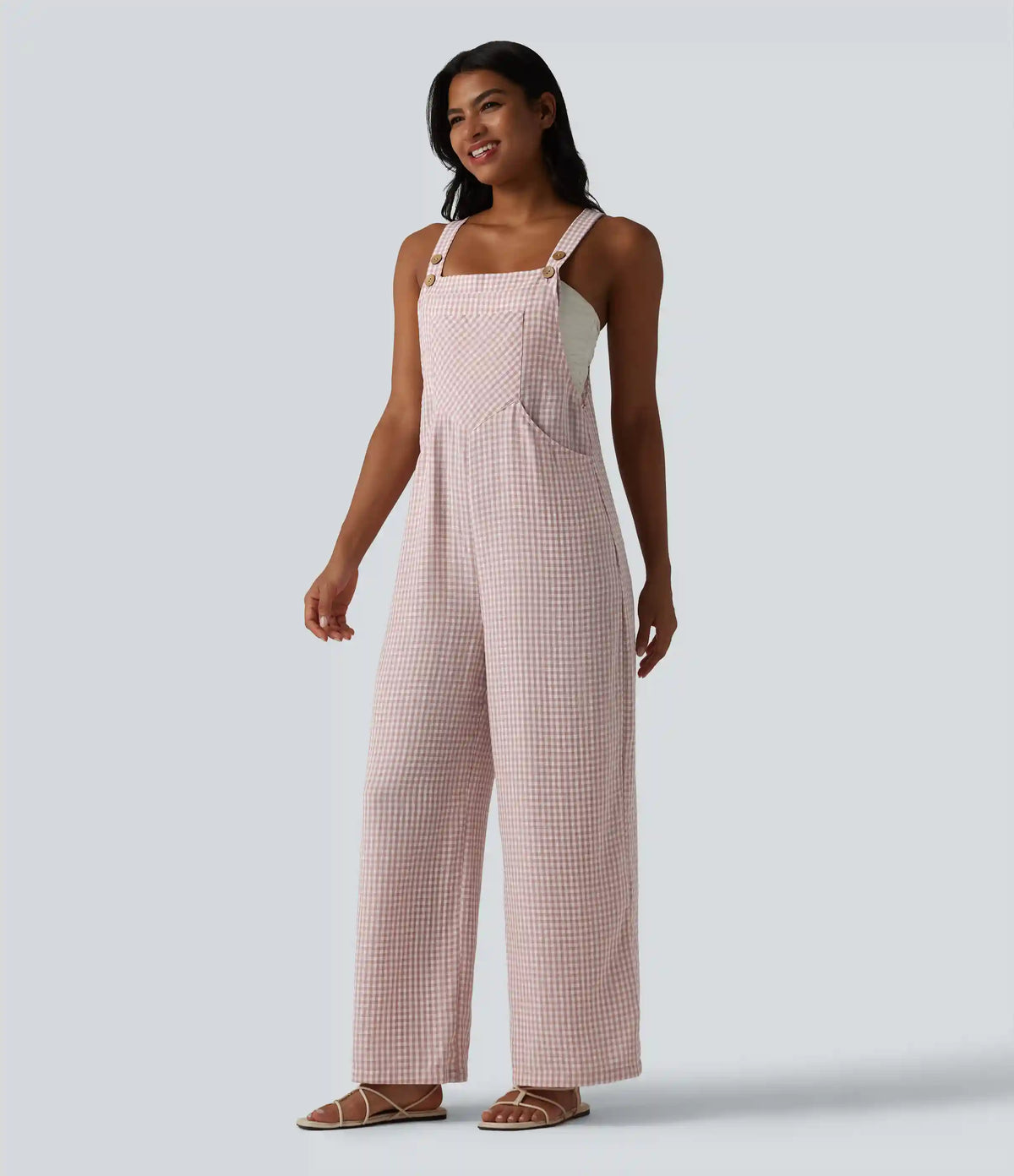 Plaid Casual Linen-Feel Overalls with Pockets