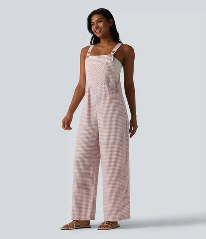 Plaid Casual Linen-Feel Overalls with Pockets