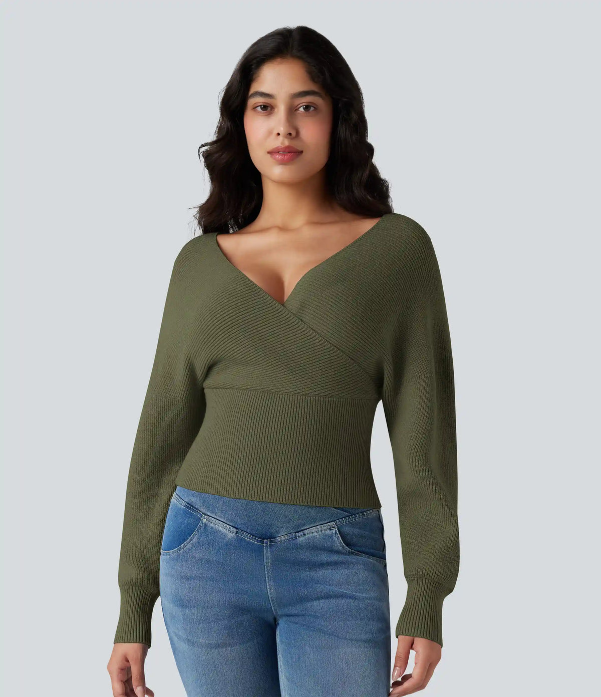 V-neck Batwing Long Sleeve Cut-out Casual Sweater