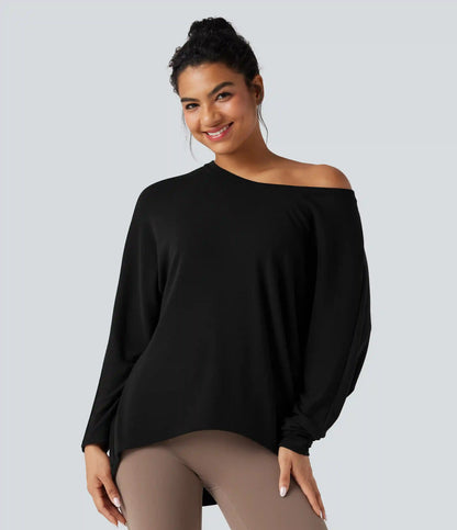 Scoop Neck Long Sleeve High-Low Oversized Thermal Casual Top