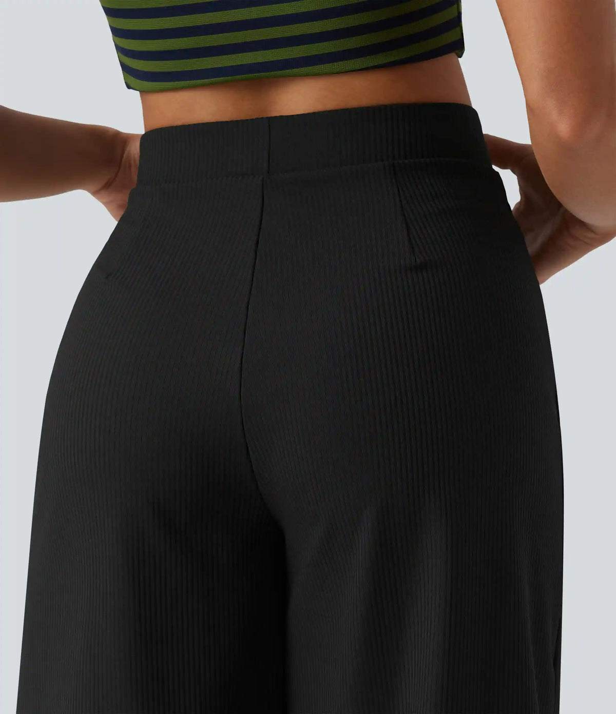 Ribbed Knit High Waisted Pedal Pushers Quick Dry Casual Wide Leg Pants with Flap Pockets-UPF50+