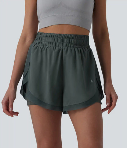 High Waisted Contrast Mesh 2-in-1 Running Shorts with Pockets