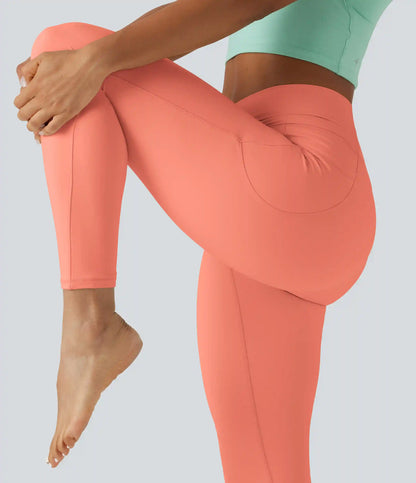 SoftlyZero™ High Waisted Crossover Plain Yoga Leggings with Pockets
