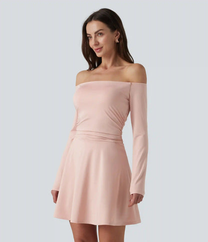 Off-shoulder Long Sleeve Ruched 2-in-1 Built-in Bra Casual Dress with Pocket-Easy Peezy