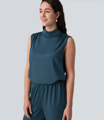 Stand Collar Sleeveless Straight Leg Bridesmaid And Wedding Guest Jumpsuit with Pockets-Easy Peezy
