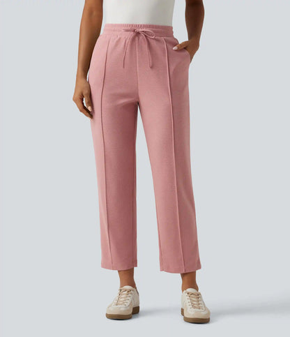 High Waisted Drawstring Tapered Pintuck Work Pants with Pockets