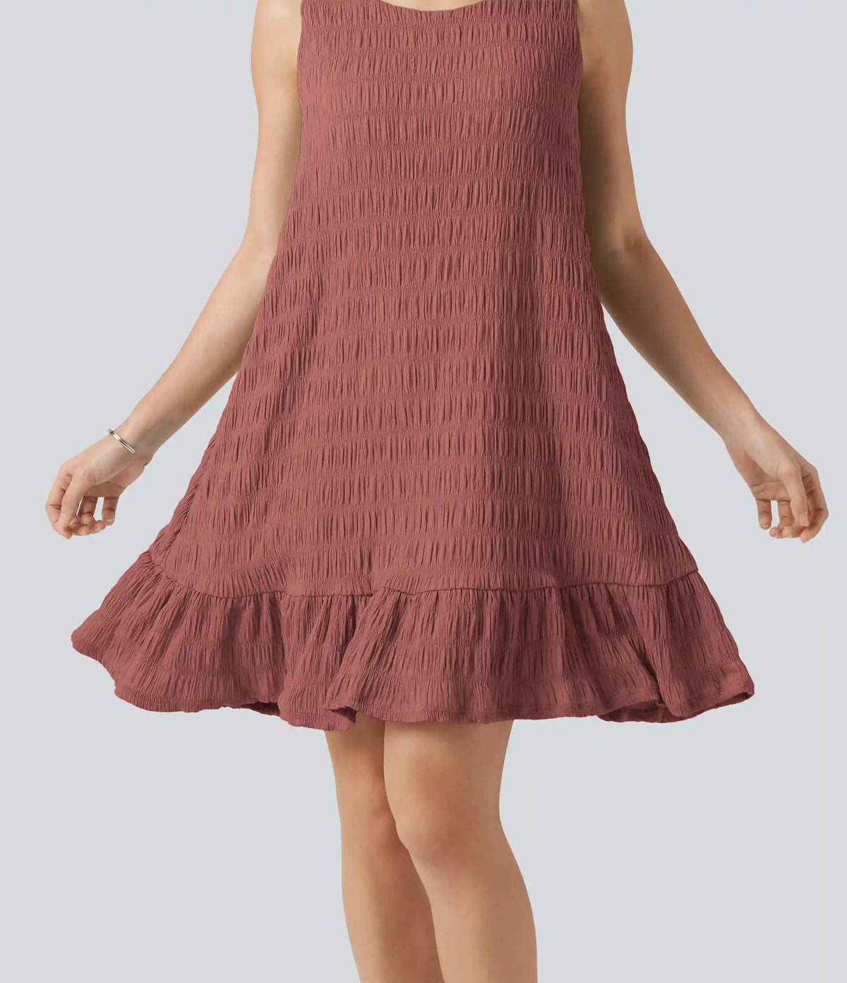 Round Neck Built-in Bra Sleeveless Ruffle Hem Mini Casual Dress DD-F Cups
