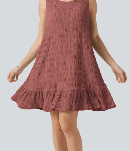 Round Neck Built-in Bra Sleeveless Ruffle Hem Mini Casual Dress DD-F Cups