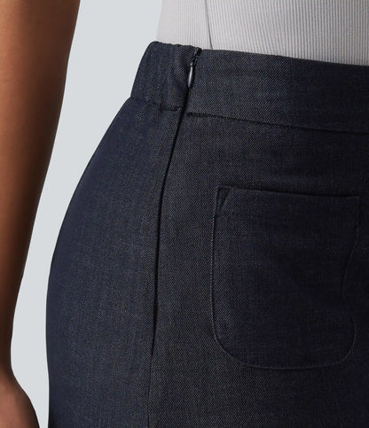 High Waisted Invisible Zipper 2-in-1 Denim Like Bodycon Mini Casual Skirt with Pockets