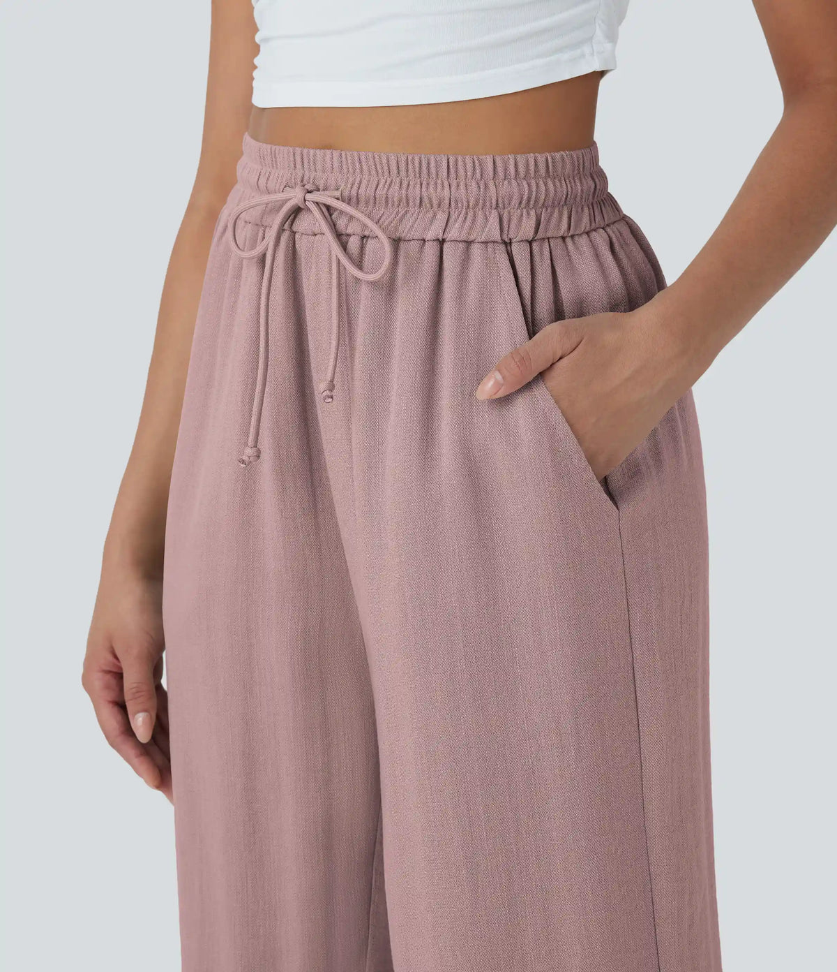 High Waisted Drawstring Wide Leg Cropped Casual Linen-Feel Pants with Pockets