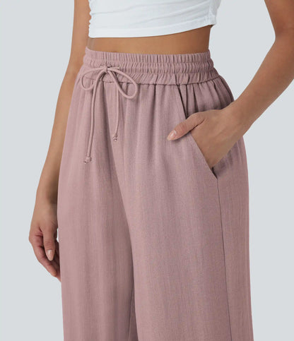 High Waisted Drawstring Wide Leg Cropped Casual Linen-Feel Pants with Pockets