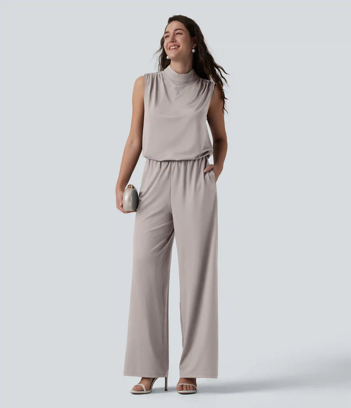 Stand Collar Sleeveless Straight Leg Bridesmaid And Wedding Guest Jumpsuit with Pockets-Easy Peezy