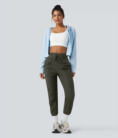 High Waisted Drawstring Ruched Tapered Quick Dry Cool Touch Dance Joggers with Pockets-UPF40+