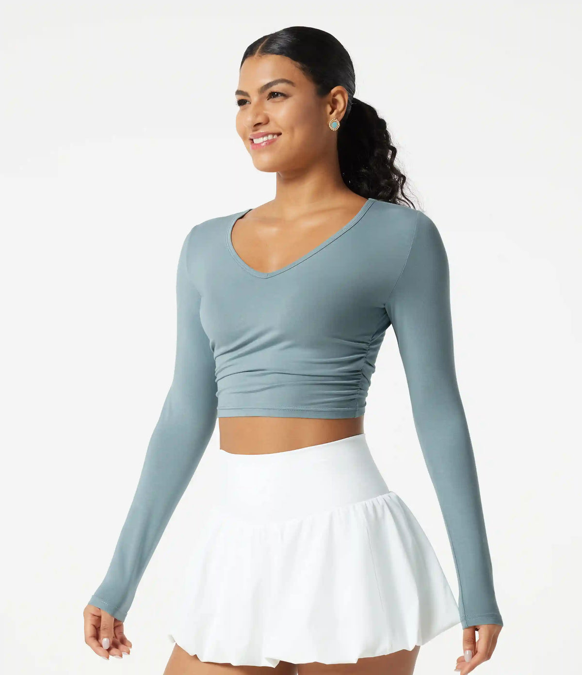 V Neck Long Sleeve Cropped Casual T-Shirt