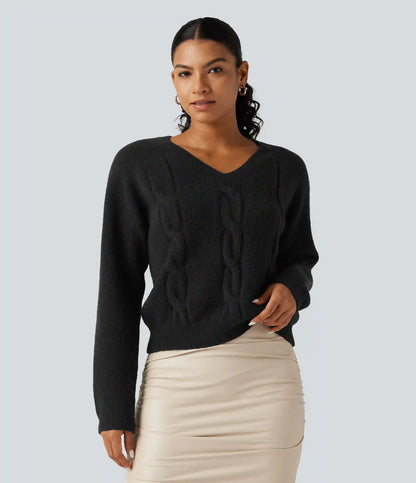 V Neck Raglan Long Sleeve Work Sweater