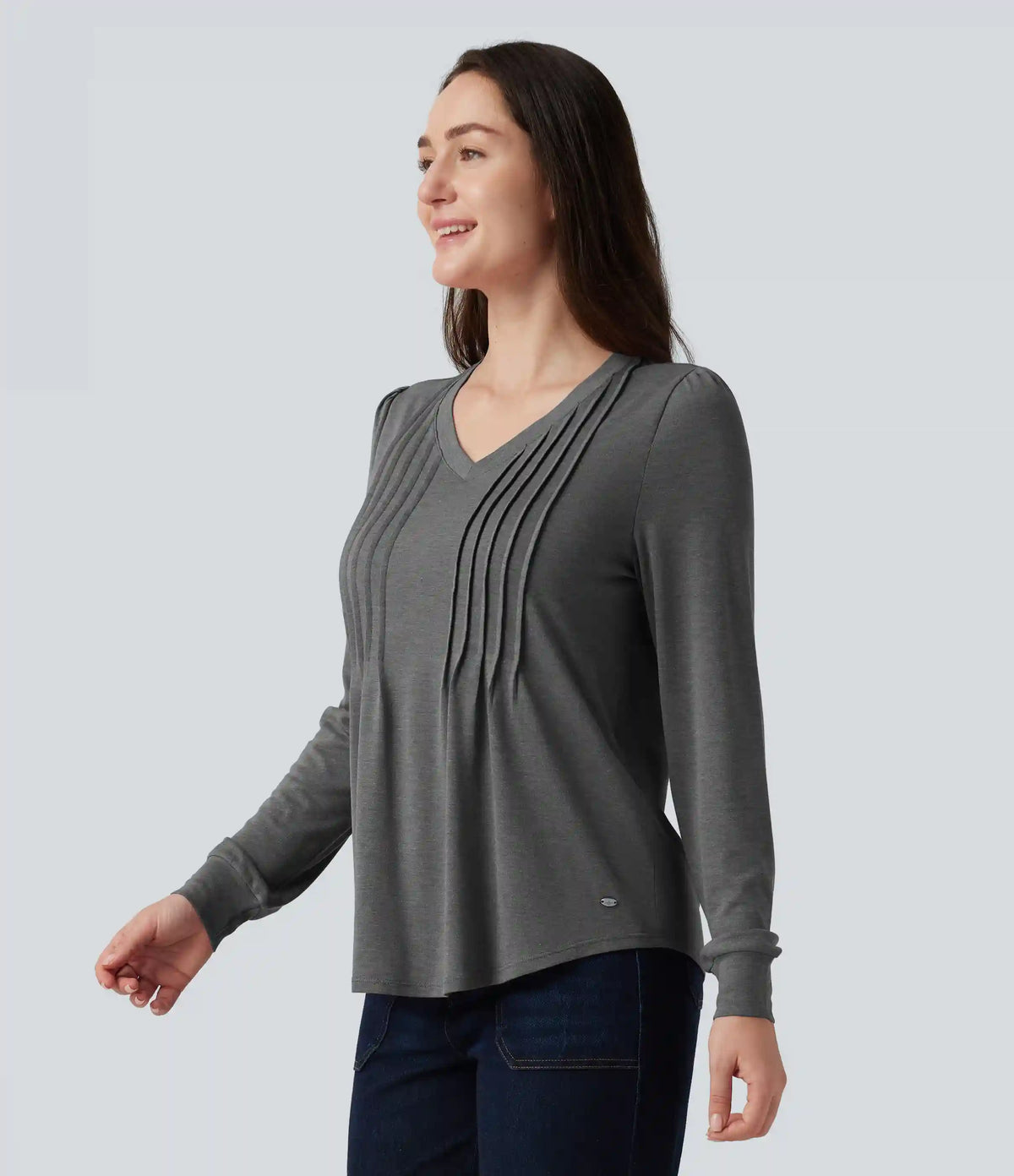 V Neck Long Sleeve Heathered Casual Top