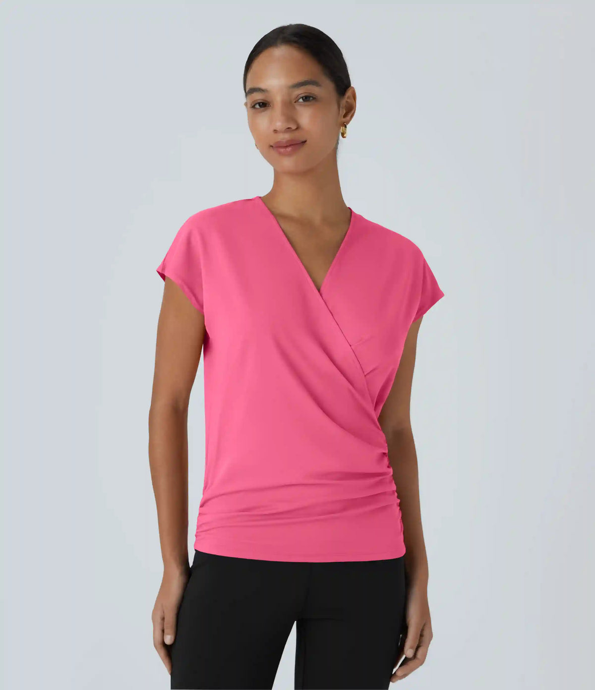 V Neck Cap Sleeve Crossover Ruched Solid Work Blouse