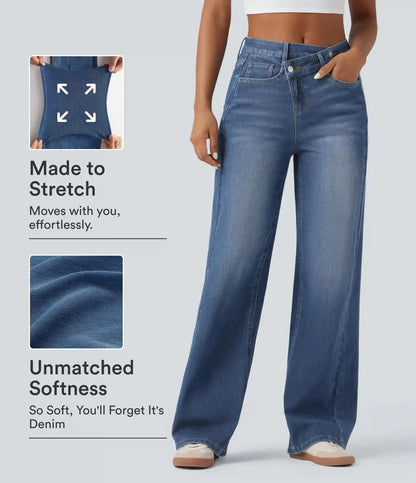 Halara Flex™ Asymmetric High Waisted Washed Casual Baggy Jeans with Pockets