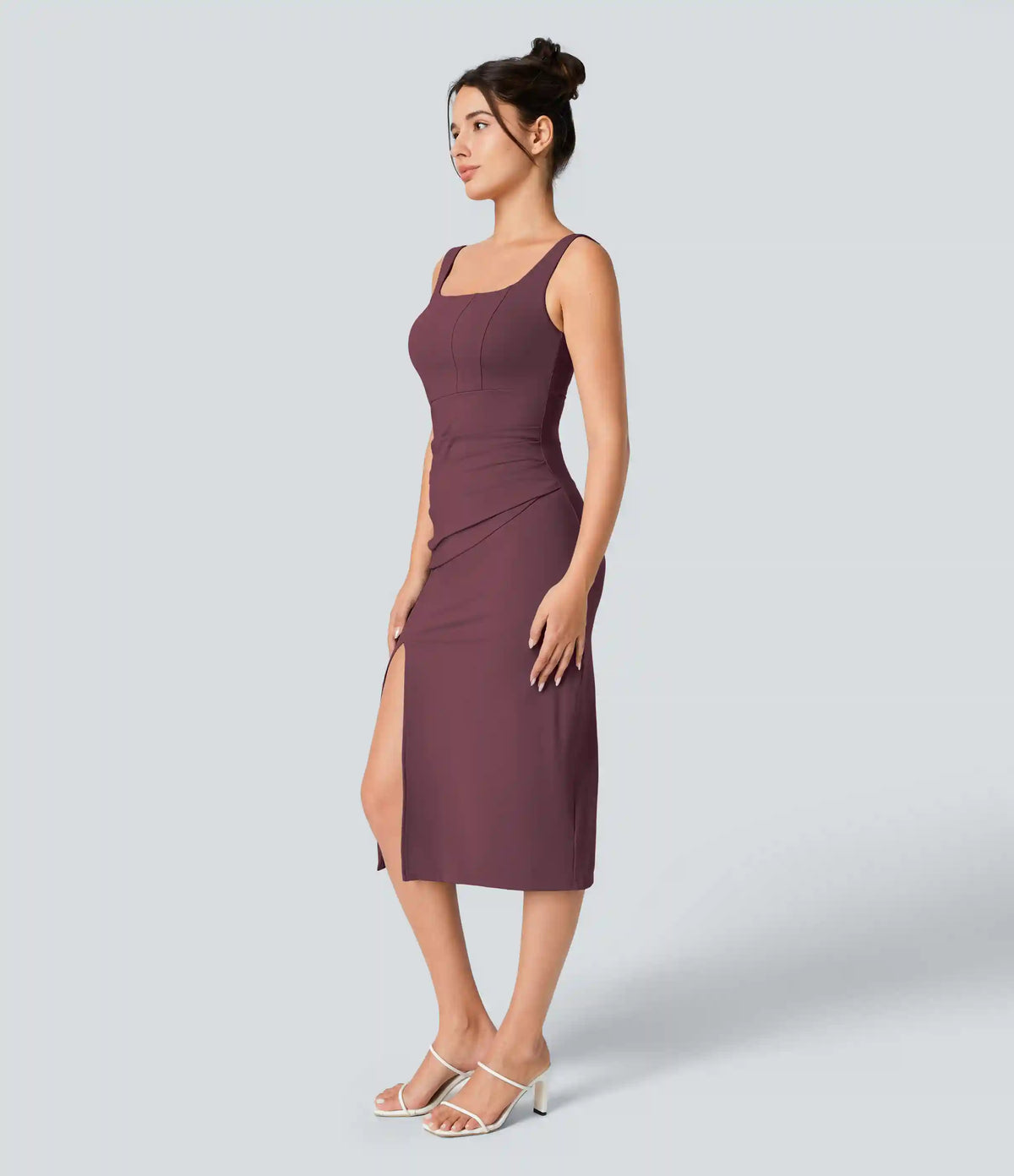 SoftlyZero™ Airy Square Neck Backless Corset Ruched Split Bodycon Midi InstantCool Bridesmaid and Wedding Guest Dress