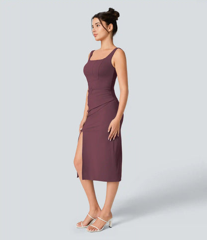 SoftlyZero™ Airy Square Neck Backless Corset Ruched Split Bodycon Midi InstantCool Bridesmaid and Wedding Guest Dress