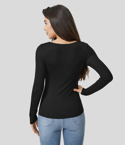 Ribbed Henley Neck Long Sleeve Slim Casual T-Shirt