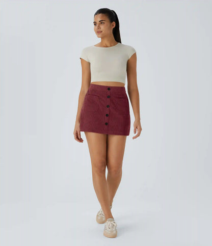 High Waisted Pocket Zipper 2-in-1 Corduroy Mini Casual Skirt