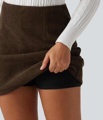 High Waisted A-Line Corduroy Fleece Casual Mini Skirt with Built-in Shorts-Longer Length