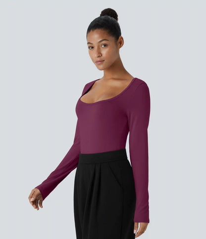 U Neck Long Sleeve Snap Skinny Work Bodysuit