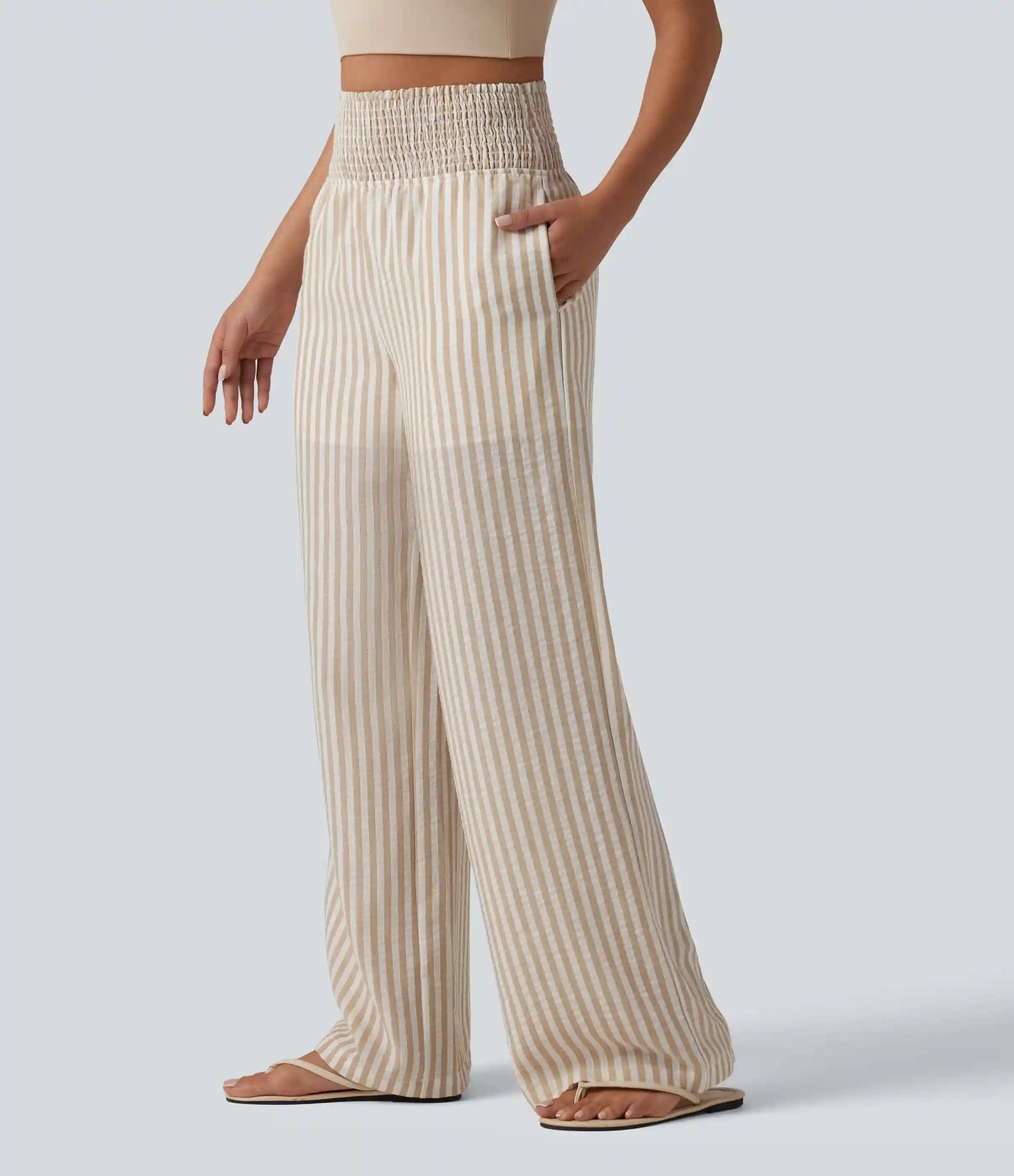 High Waisted Shirred 2-in-1 Straight Leg Stripe Casual Linen-Feel Pants with Pockets