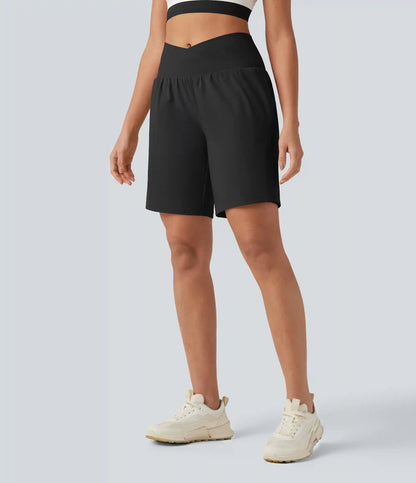 SoftlyZero™ Airy Crossover High Waisted 2-in-1 InstantCool Yoga Shorts 9'' with Pockets