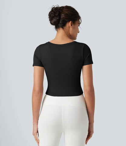 OneForm Seamless Flow V Neck Short Sleeve Built-in Bra Cropped Yoga Sports Top