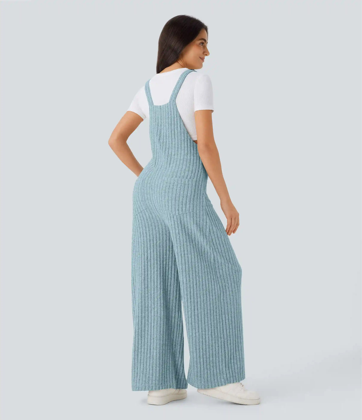 Ribbed Knit Pockets Casual Overalls