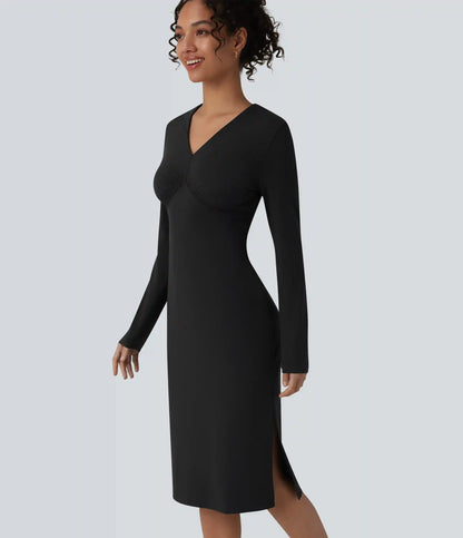 V-Neck Long Sleeve Ruched Split Midi Work Dress
