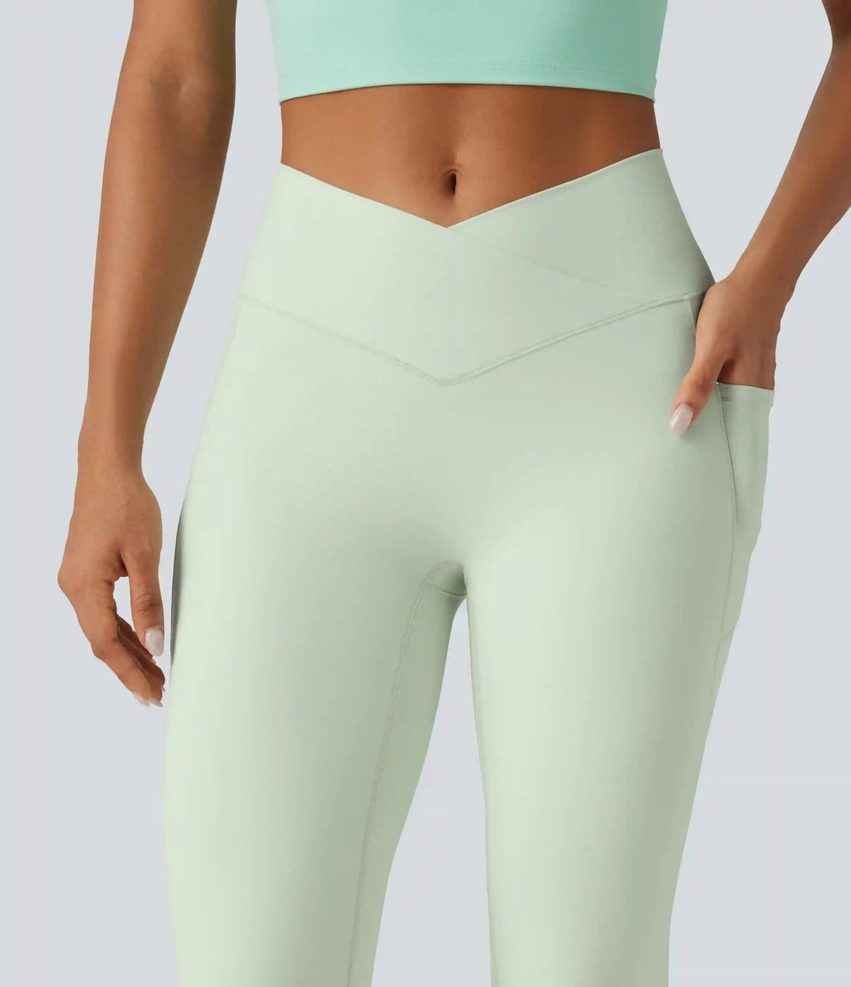 SoftlyZero™ High Waisted Crossover Plain Yoga Leggings with Pockets